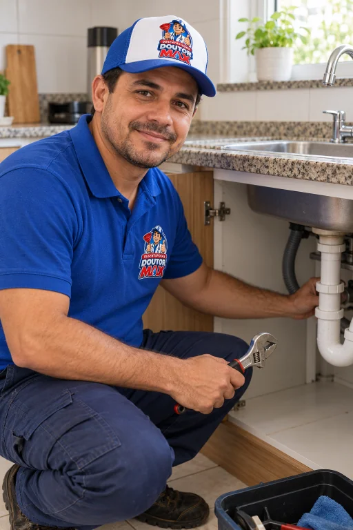Técnico com uniforme e boné DoutorMax ao lado da pia — imagem ilustrativa